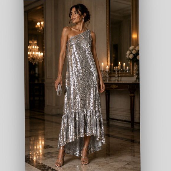 Anthropologie Dresses & Skirts - Anthropologie Maeve One-Shoulder Silver Sequin Maxi Dress XL Glam Party Cocktail